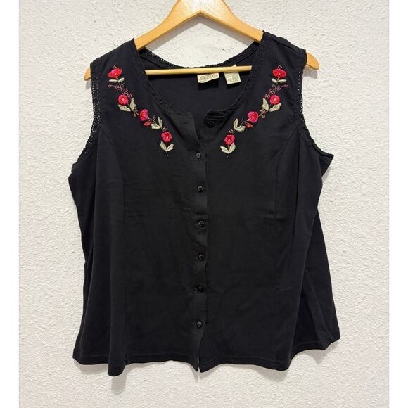 St. John's Bay Tops - Vintage 90s Floral Embroidered Top Cottage Fairy Dainty Feminine Cotton